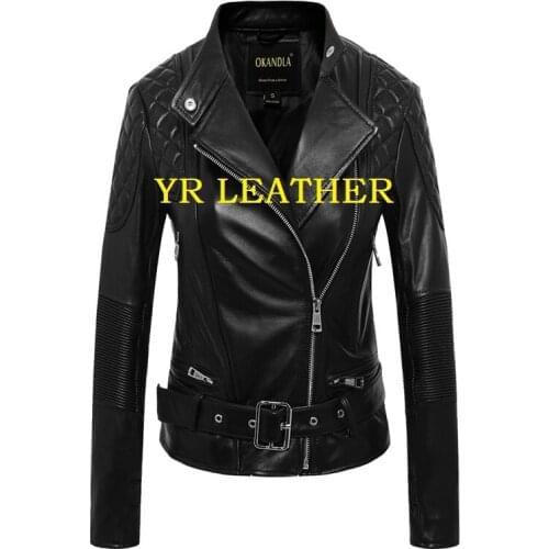 YR!Free shipping.Wholesales.Black women genuine leather jacket.classic motor biker slim sheepskin coat.short plus size clothes