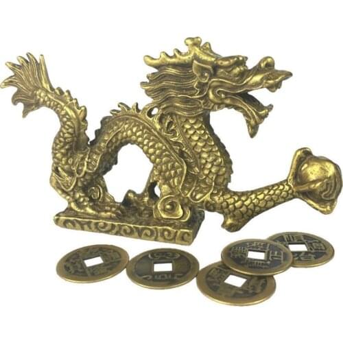 Chinese Fenghsui Dragon Magical and Noble Copper Dragon Sculpture Figurine Home Decoration + 5Free Different Dynasties Coins