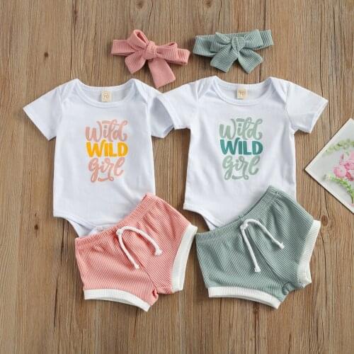 Baby Girls Three Piece Set Infants Lettering Short Sleeve Romper Ribbed Shorts with Headband Summer Baby Clothes