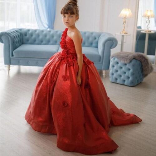 Red Flower Girls Princess Satin Ball Gowns Luxury Christmas Red Girls Ball Gowns Girls First Communion Celebration Dress Custom