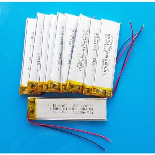 Wholesale 10 pcs 3.7V 350mAh 301862 lipo Rechargeable battery polymer lithium for MP3 GPS DVD bluetooth recorder e-book camera