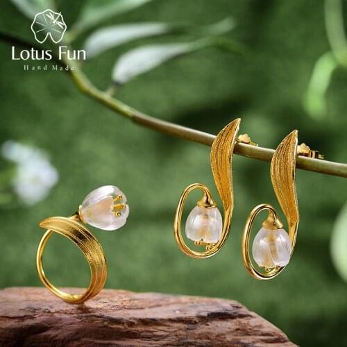 Lotus Fun Real 925 Sterling Silver Natural Crystal Handmade Fine Jewelry Lily of the Valley Flower Jewelry Set For Women