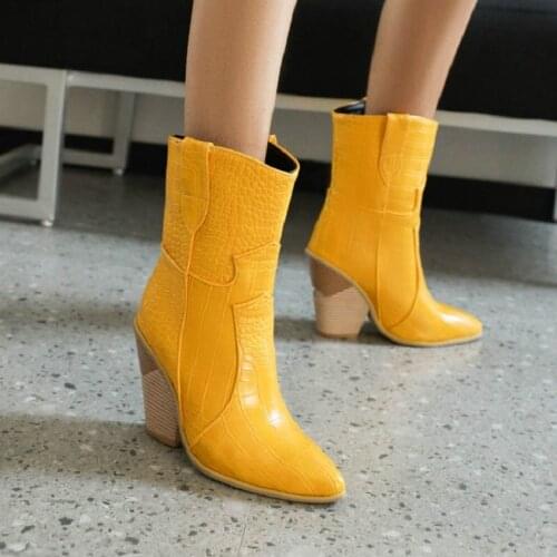 ZawsThia Fashion Punk Boots Women Yellow Pink Denim Strange High Heels Slip-on Female Riding Mortorcycle Boots Plus Size 34-48