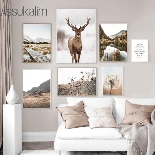 Scandinavian Art Print Autumn Plants Painting Deer Canvas Poster Landscape Posters Nordic Wall Paintings For Living Room Decor