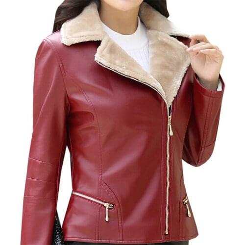 New Winter Women Warm Thick Velvet PU Leather Jacket Zipper Faux Leather Coat Ladies Short Motorcycle Coats Tops Plus Size A1108