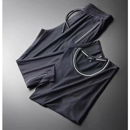 New casual sports suit mens slim fit 2021 summer new silky fashion contrast color short-sleeved trousers two-piece suit for men