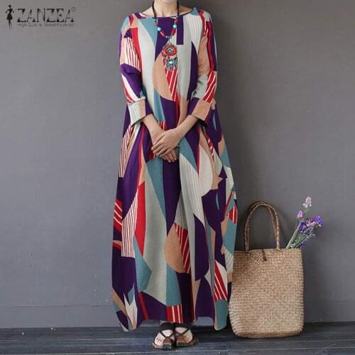 ZANZEA Women Autumn 3/4 Sleeve Loose Kaftan Sundress Vintage Printed Maxi Long Dress Vestido Robe Cotton Linen Dresses Plus Size