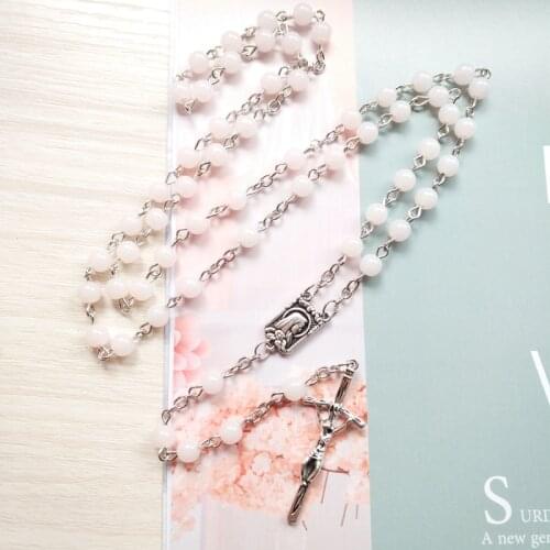 QIGO Pink Acrylic Rosary Necklace For Women Long Cross Religious Jewelry