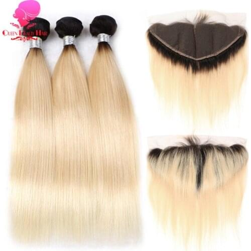 QUEEN BEAUTY 1B/613 Ombre Blonde Colored 3/4 Bundles Straight Brazilian Remy Human Hair with 13x4 Swiss Lace Frontal Closure