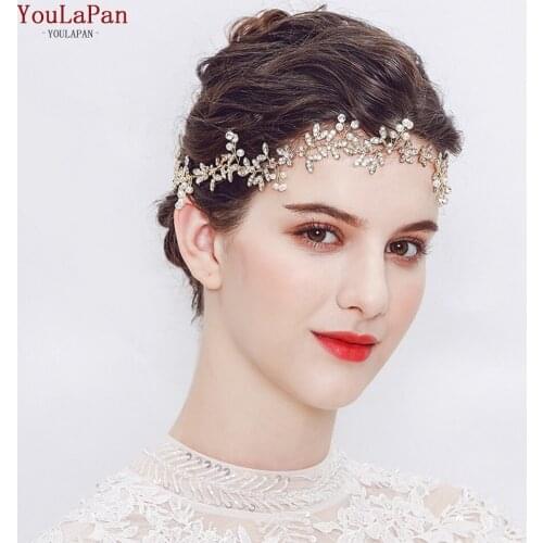 YouLaPan Rose Gold Bridal Headband Bohemian Headpiece Pearl Hair Vine Flower Halo Wedding Hair Accessories Leaves Headband HP89