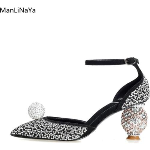 Glitter Strass High Heels Strange Style Crystal Round Heel Pointed Toe Women Party Dress Shoes Elegant Buckle Strap Mary Janes
