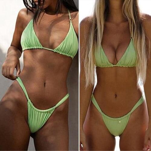 Ladies Swimsuit Bandage Solid Color Fabric Bust Padded Bikini Set Green