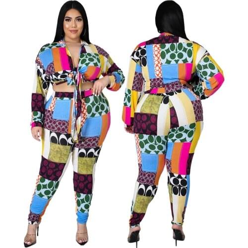 Echoine Irregular Printed Bandage Women Set Fashion Close-fitting Casual Suit Plus Size