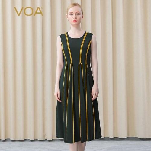 VOA Silk 36 M/m Heavy Micro-elastic Round Neck Stripe Sleeveless Business Commuting and Leisure Mid-length Dress for Women AE673