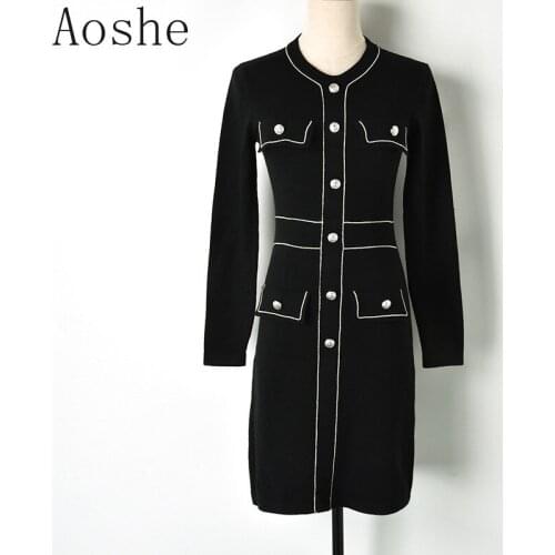 Knitted Office Lady Black Dress 2021 Winter Elegant O-neck Single Breasted Knitted Dress Women White Black Female Sweater Dress