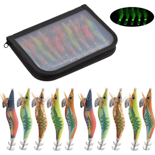 10Pcs/Bag 12g-14g Luminous Squid bait hook Wooden Shrimp jig Fishing Lures hooks wood Artificial jigs lure with bag