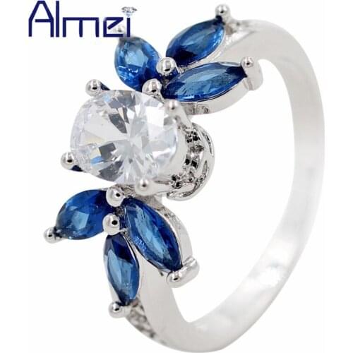Almei 15% off 2017 Cocktail Blue CZ Cristal Ring Party Silver Color Flower Cubic Zirconia Stone Rings for Women Jewelry Y129
