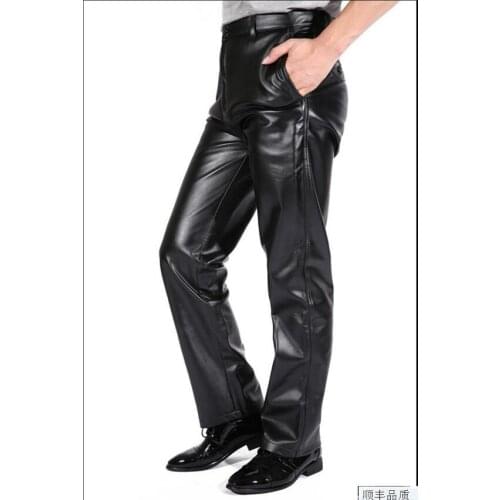 Plus velvet thicken straight high waist quinquagenarian motorcycle leather pants men autumn winter faux leather trouser men