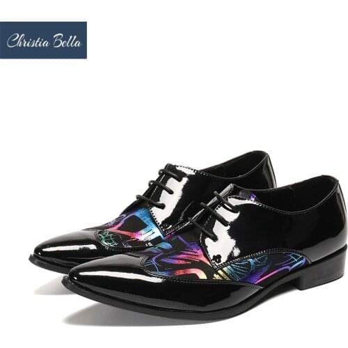Christia Bella British Print Party Prom Men Oxford Shoes Pointed Toe Patent Leather Derby Shoes Office Lace Up Brogue Shoes