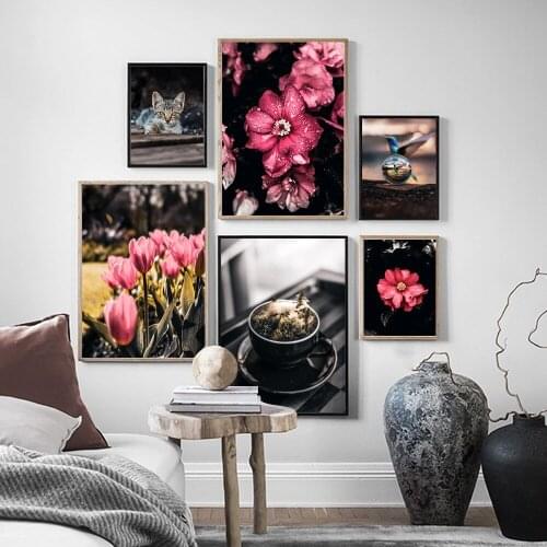 Cat Cap Forest Beautiful Flowers Blooming Wall Art Canvas Painting Nordic Posters and Prints Wall Pictures for Living Room Decor
