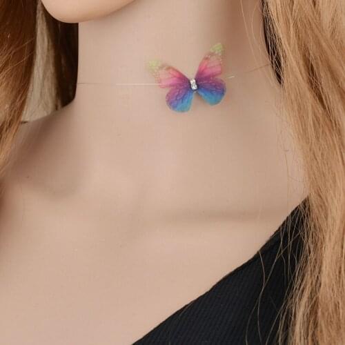 Fashion Designer Necklace Crystal Colorful 3D Yarn Butterfly Chokers Necklace Invisible Fishline Silk Necklace for Women Jewelry