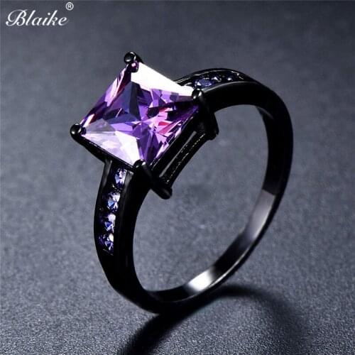 Blaike Simple Fashion Square Birthstone Rings For Women Black Gold Filled Purple/Red/Champagne/Lake Blue Zircon Engagement Ring