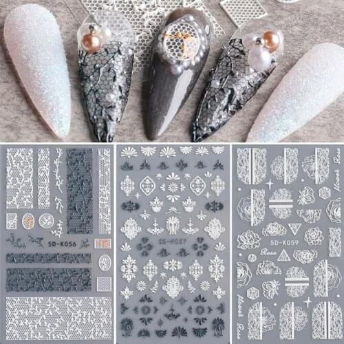 5D Acrylic Engraved Nail Sticker White Embossed Flower Sliders Nail Art Decorations Lace Wedding Design All For Manicure
