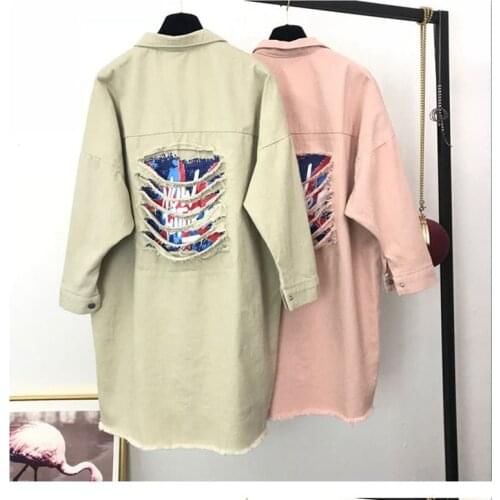 2021 Autumn Thin Shirt Denim Jackets Korean Hollow Printing Loose Tops Outerwear Long Women Casual All Match Hole Trench Coats