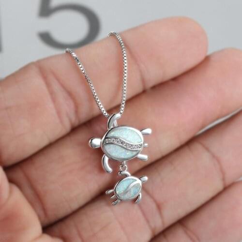 Cute Animal Mom and Baby Turtle Necklace Fashion Female White Opal Pendant Necklace Charm Silver Color Chain Necklaces For Women