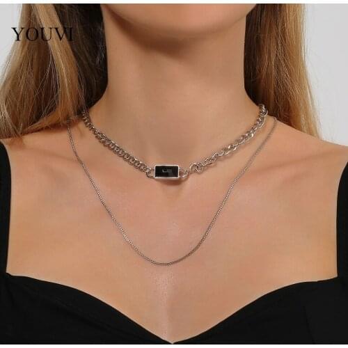 YOUVI Black Zircon Pedants Necklace for Women Goth Layered Womens Neck Chain Jewelry Goth Punk Rock Choker Necklace Set Charm