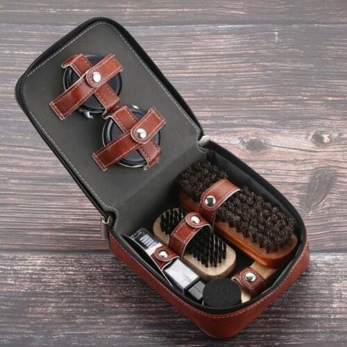 Professional leather shoes care tools 9 pieces, horse hair brush, black shoe polish, sponge brush, shoe polisher, shoehorn