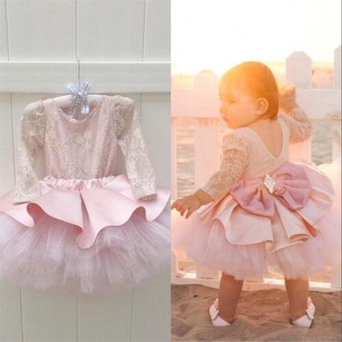 Pink Lace Flower Girls Dress With Bow Sheer Lace Long Sleeve Deep V-back Puffy Tulle Jewel Neck Pageant Dress Kids Birthday Gown