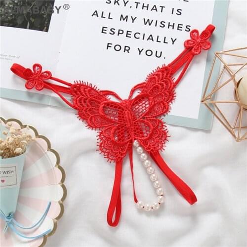 Sexy Temptation Butterfly Type Pearl Massage Women G-String Thong Sweet Girl Hollow Embroidery Underwear Panties Lingerie Briefs