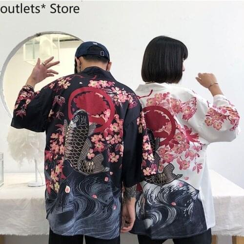 Japanese Traditional Costumes Sakura Kimono Cardigan Man Woman Lovers Clothes Beach Robe Haori Yukata Bushido Outfits