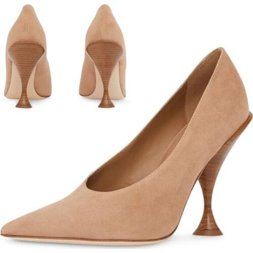 Pumps Women Wood Grain Stiletto Heels Shoes Shallow Mouth Pointed Super High Heel Beige Large Size Suede Single Shoes Women