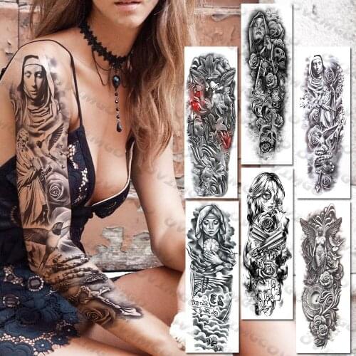 God Nun Girl Full Arm Temporary Tattoos For Women Men Fake Pigeon Cross Realistic Tattoo Sexy Waterproof Sleeve Tatoos Stickers
