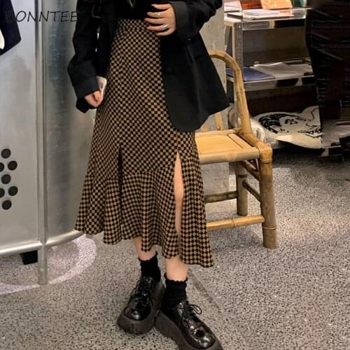 Skirts Women Retros All-match Empire Classical Plaid Sexy Side Split Tender Ruffles Irregular A-line Office Lady Autumn Winter