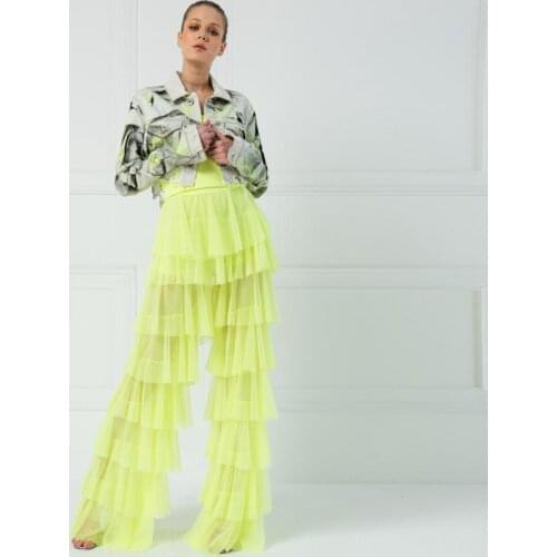 Fashion Yellow Tiered Ruffle Tulle Pants High Street Women Maxi Tulle Pants Maxi Long Length Ruffled Tiered Tulle Party Wear