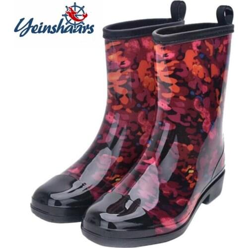 YEINSHAARS Rain Boots Women 2021 Mixed Colors Ladies Rubber Boots Fashion Waterproof Rainboot Non-Slip Low Heel Women Shoes