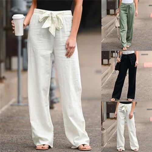 Women High Waist Wide Leg Pants Autumn Belt Lace-up Pocket Loose Straight Pant Casual Solid Color Plus Size Ankle-length Trouser
