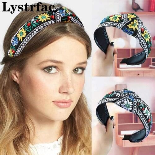 Lystrfac Female National Woven Floral Embroidery Knot Hairband for Women Girls Headband Ladies Hair Hoop Hair Accessories