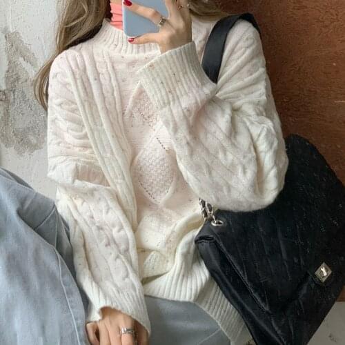 Vintage Women Thicken Sweater Korean Style Solid O-neck Twist Long Sleeve Oversized Warm Jumper 2020 All-matching Knitwear 5D666