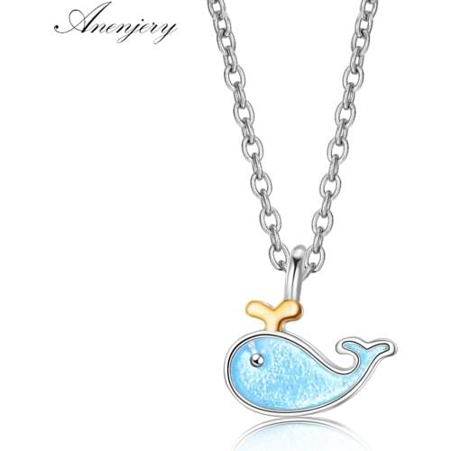 ANENJERY 925 Sterling Silver Cute Little Blue Whale Becklace Clavicle Chain Marine Animal Necklace For Women Girl S-N291