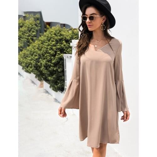 Autumn Women Casual Loose Dress Long Sleeve V-neck Solid Color A-line Dress 2021 Fashion Flared Sleeves Woman Dress Robe Femme