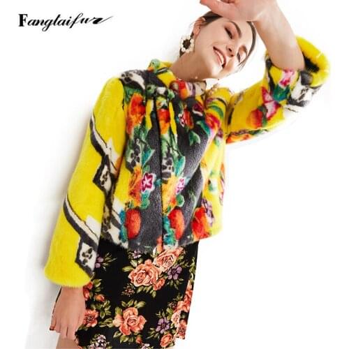 Fang Tai Fur 2019 Import Velvet Mink Fur Coat Lady Mandarin Collar Print Slim Mink Coat Womens Short Loss Real Mink Fur Coats