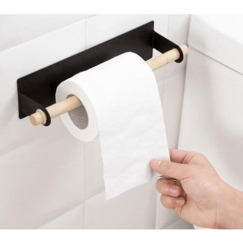 1 Pc Kitchen Self-adhesive Wrought Iron Wooden Roll Paper Holder Bathroom Towel Storage Rack Toilet Paper Holder Punch Free