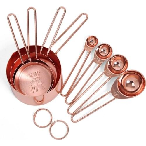 Promotion! Rose gold Stainless Steel Measuring Cups and Spoons set of 8 Engraved Measurements,Pouring Spouts & Mirror Polished f