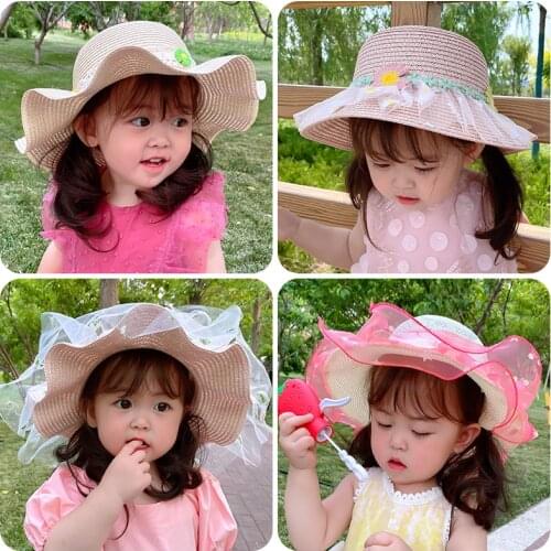 Children Cute Sweet Sun Flat Straw Hat Boater Hat Girls Lovely Outdoor Bow Summer Hats for Kid and Beach Shading Flat Straw Hat