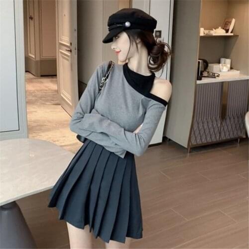 Sexy Hollowed Out Off Shoulder Contrast Color Stitching Bottomed Shirt T-shirt Women Tshirt Top Fashion Autumn New Long Sleeve