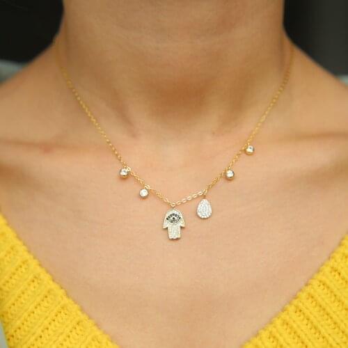 Classic charm necklaces gold color 925 sterling silver hamsa hand water drop cz charm delicate women necklace